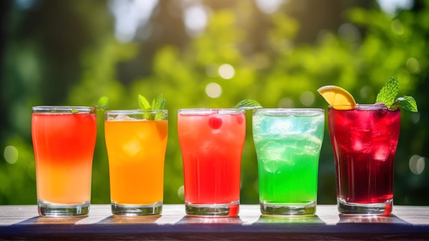 Una fila di cocktail colorati con sapori diversi