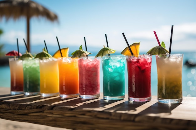 Una fila di cocktail estivi freschi su una spiaggia tropicale