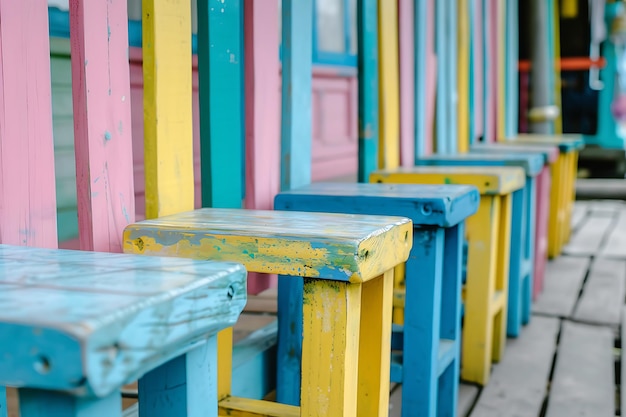 una fila di colorate panchine di legno con la parola dipinta su di loro