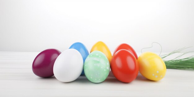 Una fila di colorate uova di pasqua con la parola pasqua sul fondo.