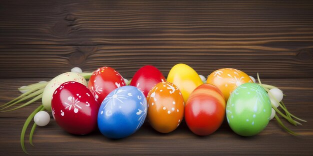 Una fila di colorate uova di pasqua con un fiore bianco in cima.