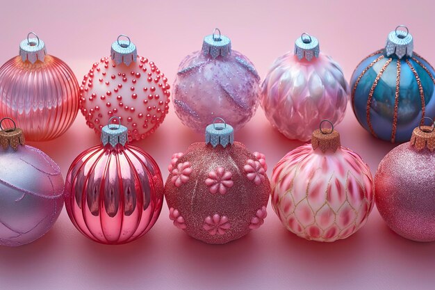 Una fila di colorati ornamenti di Natale con disegni rosa e blu