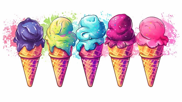 Una fila di coni gelato colorati Generative AI Art