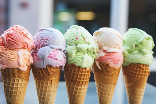 Una fila di coni gelato con glassa verde su di essi