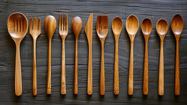 una fila di cucchiai di legno con un cucchiaio di legno sulla parte anteriore