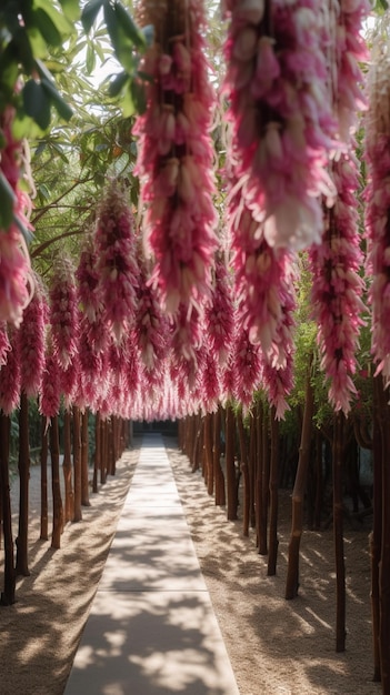 Una fila di digitali rosa pende da un albero.