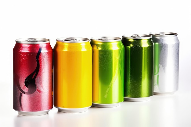 Una fila di diverse lattine colorate di soda generativa AI