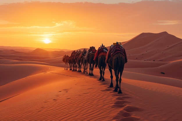 Una fila di dromedari che camminano tra le dune nel deserto al tramonto