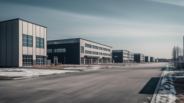 Una fila di edifici industriali in un parcheggio