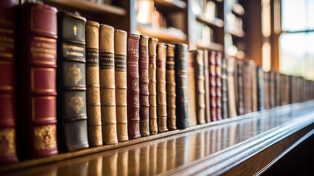 una fila di enciclopedie spesse si erge su una scrivania in legno d'epoca con uno sfocato sfondo di biblioteca