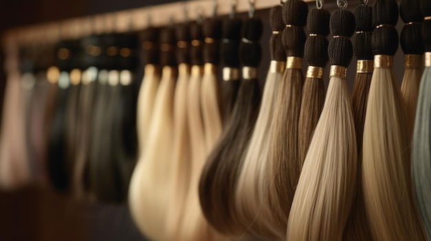 Una fila di estensioni dei capelli con diversi colori di capelli colorati.