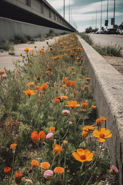 Una fila di fiori d'arancio lungo una strada.