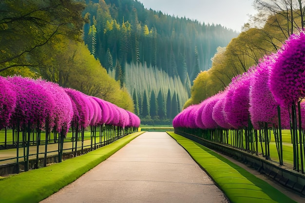 una fila di fiori rosa in un parco con un sentiero che conduce a una foresta.