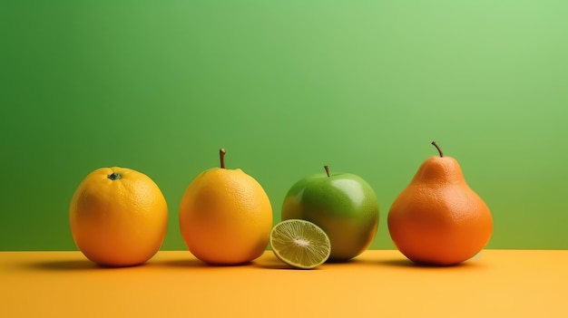 Una fila di frutta con un lime sul fondo