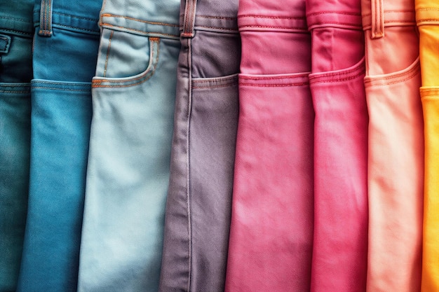 Una fila di jeans colorati in primo piano