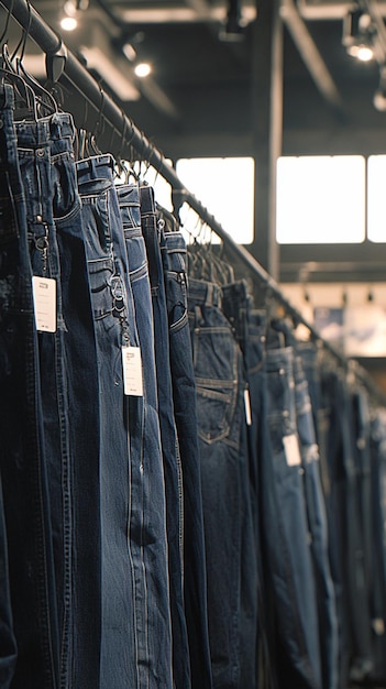 Una fila di jeans in mostra nel negozio all'interno del centro commerciale Vertical Mobile Wallpaper