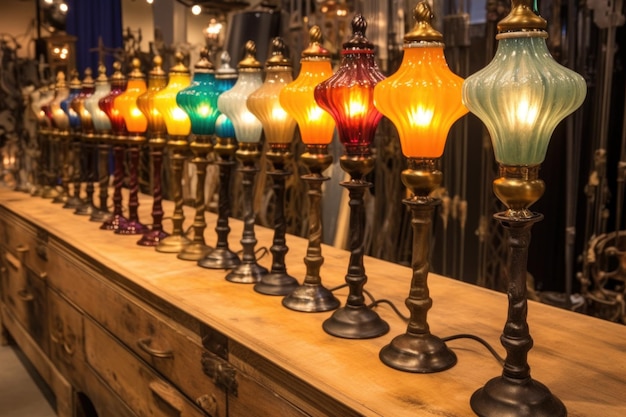 Una fila di lampade antiche con sfumature di vetro colorate create con ai generativi