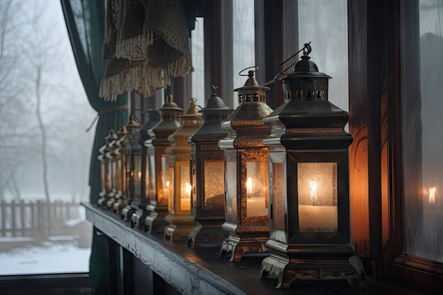 Una fila di lanterne che brillano attraverso un vetro di finestra gelido o nebbioso