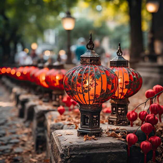 Una fila di lanterne rosse cinesi bokeh Celebrazione del capodanno cinese Capodanno cinese Cele