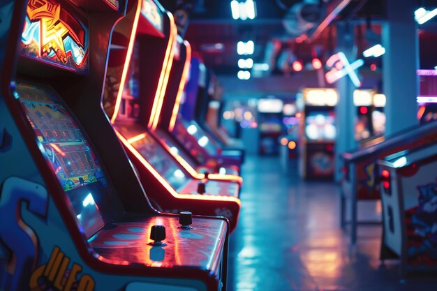 Una fila di macchine da gioco colorate in una sala giochi illuminata al neon