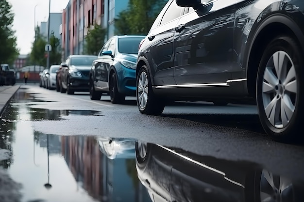 Una fila di macchine parcheggiate su una strada con un cartello che dice "guado".