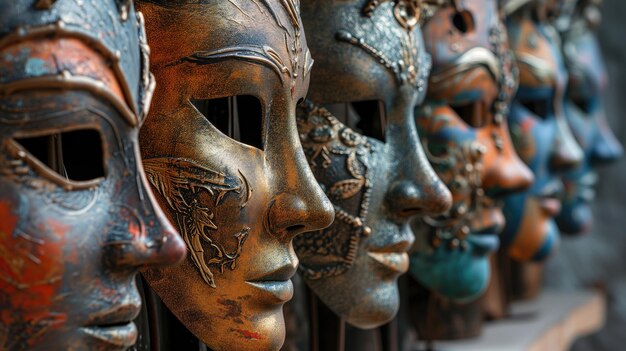 Una fila di maschere veneziane con lucentezza metallica