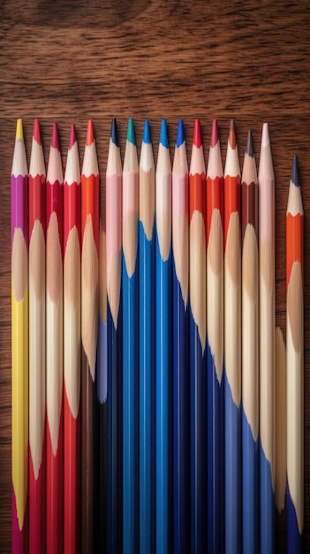Una fila di matite colorate è allineata su una superficie di legno.