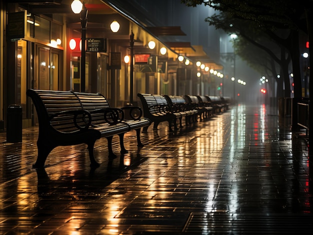 una fila di panchine su un marciapiede bagnato di notte