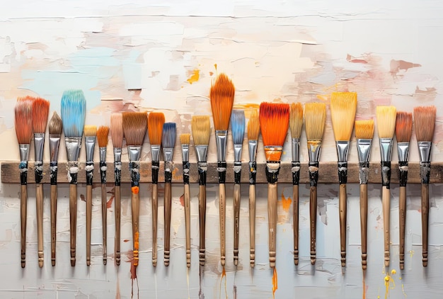 una fila di pennelli a colori diversi su una piattaforma in legno nello stile di grafite dettagliata