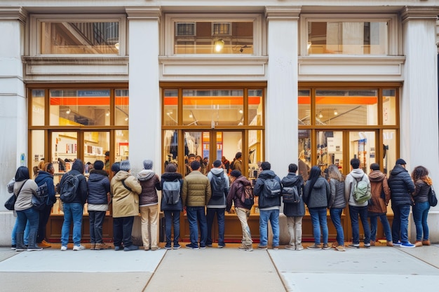 Una fila di persone in fila in attesa di acquistare sconti in un negozio