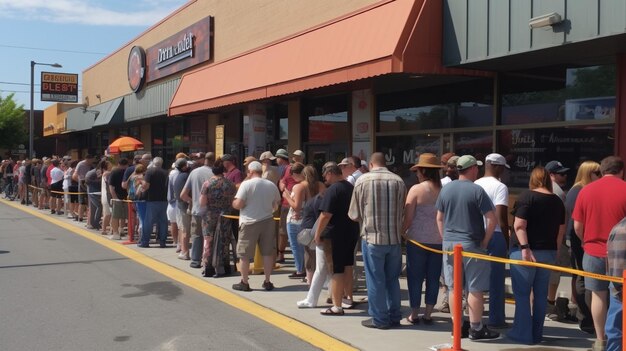 Una fila di persone in fila per comprare cibo in un negozio.