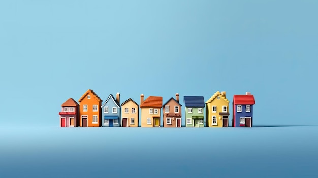 Una fila di piccola casa modello colorato sullo sfondo blu