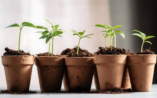 Una fila di piccoli vasi con piccole piante sopra.