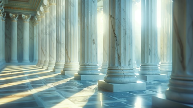 Una fila di pilastri di marmo bianco con la luce del sole che scorre attraverso le finestre sulle colonne in stile greco