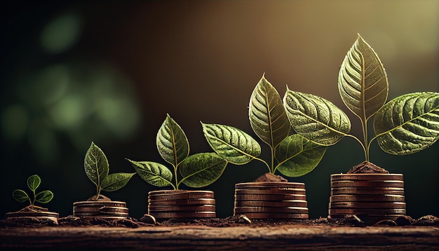 Una fila di pile di monete con una pianta che cresce fuori di esse Foglia di albero sulle monete di risparmio Finanza aziendale concetto di investimento bancario di risparmio