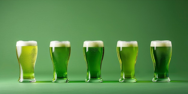 Una fila di pinte di birra contro uno sfondo verde per la celebrazione del giorno di San Patrizio