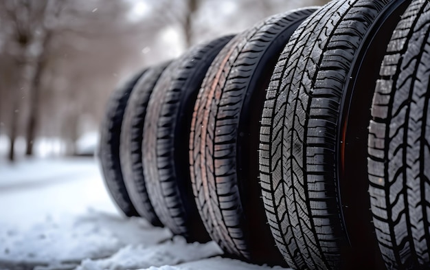 Una fila di pneumatici è allineata nella neve.