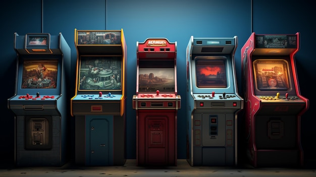 una fila di quattro macchine da gioco arcade nello stile di rendering fotorealistici