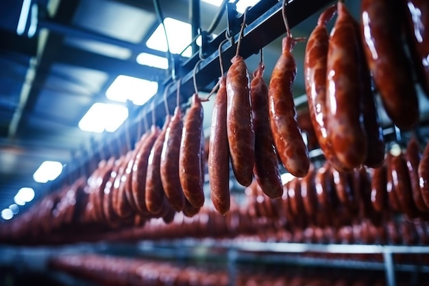 Una fila di salsicce appesa a una scaffalatura Fumaggio industriale di salsice e prodotti a base di carne Produzione di salsica agricola