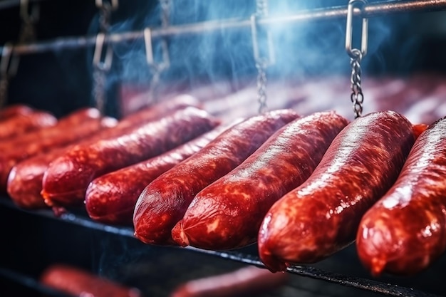 Una fila di salsicce appese a uno scaffale Linea industriale in una fabbrica per affumicare salsicce e carne Salsiccia appesa in un affumicatoio salsicce saporite