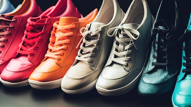 Una fila di scarpe da ginnastica alla moda e scarpe sportive di colori diversi