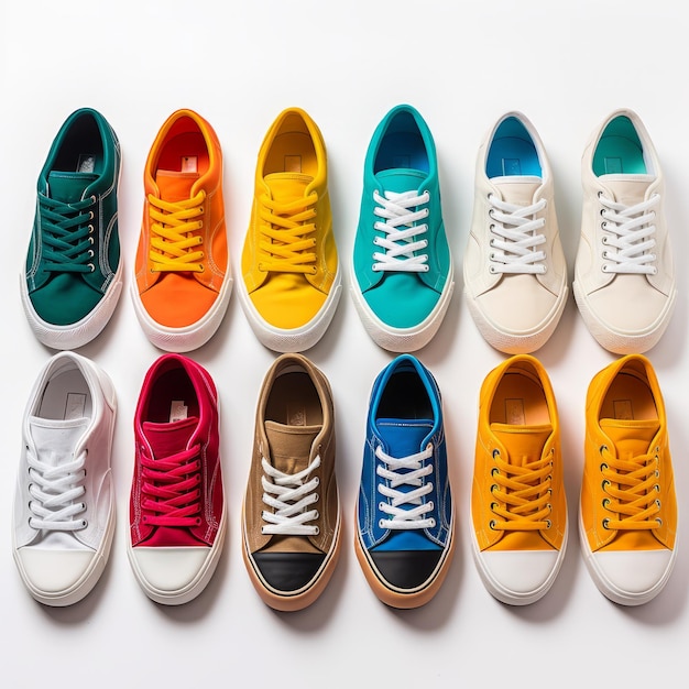 Una fila di scarpe da ginnastica colorate di varie dimensioni e stili