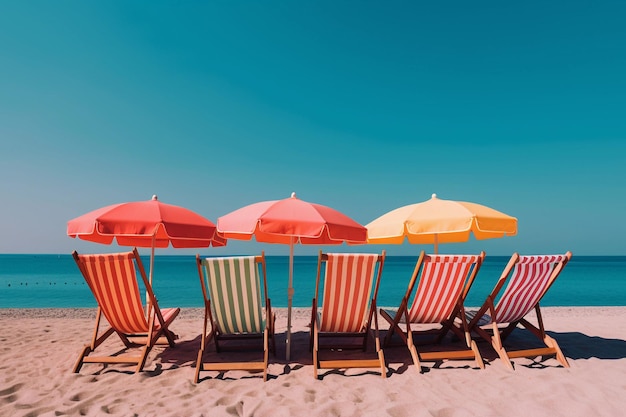 Una fila di sedie a sdraio con ombrelloni rossi e gialli su una spiaggia.