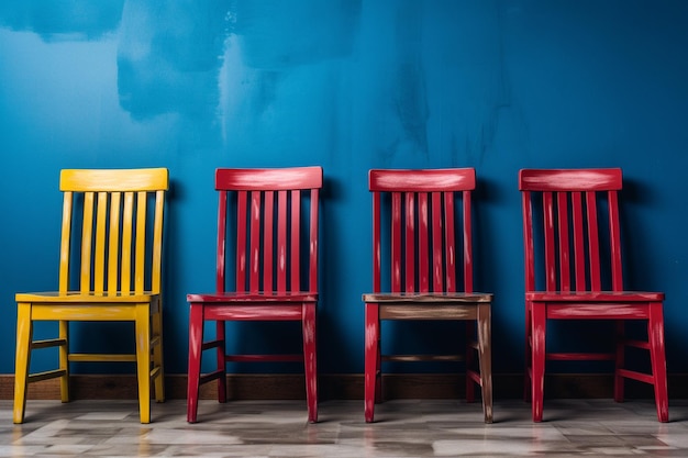 Una fila di sedie con una che ha un colore rosso giallo e blu