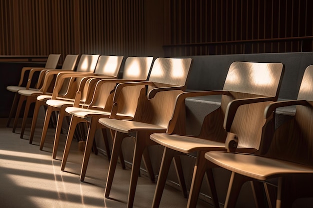 Una fila di sedie in legno ciascuna con la propria lampada in una moderna aula magna creata con l'IA generativa