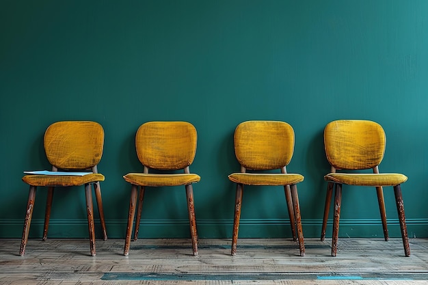 Una fila di sedie vicino al muro verde