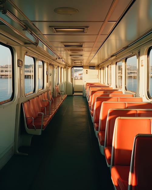 una fila di sedili arancione su un treno con il numero 3 sul lato.