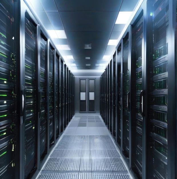 una fila di server in una sala server in un centro dati dettagliato