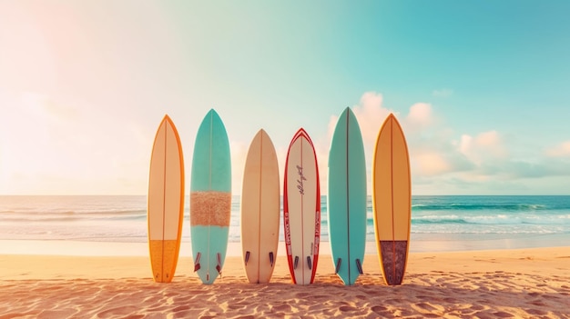 Una fila di tavole da surf su una spiaggia