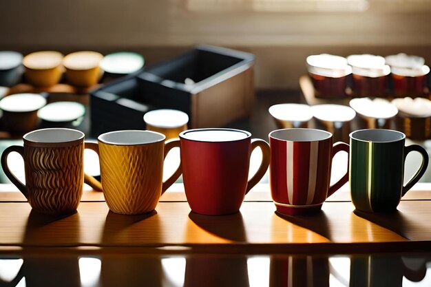 Una fila di tazze da caffè su un tavolo con il sole che splende attraverso la finestra.